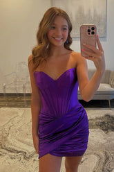 Grape Sweetheart Tight Ruched Short Corset Homecoming Dress