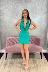 Green Satin Tight Halter Short Homecoming Dress with Ruffles