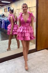 Stunning Pink A-Line V-Neck Ruffled Short Tiered Homecoming Dress
