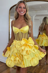 Yellow A-Line Spaghetti Straps Short Homecoming Dress with 3D Flowers