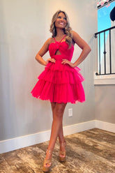 Fuchsia A-Line Halter Neck Short Tiered Tulle Homecoming Dress