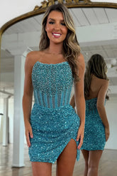 Peacock Blue Corset Strapless Tight Short Homecoming Dress with Beading