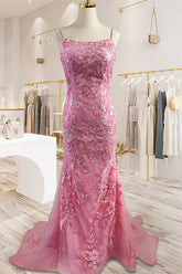 Mermaid Spaghetti Straps Pink Long Prom Dress with Appliques