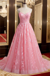Pink A-Line Spaghetti Strap Tulle Long Prom Dress with Appliques