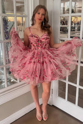 Pink Floral Ruffled Corset A-Line Short Homecoming Dress