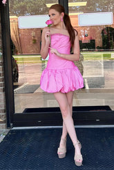 Pink Satin Ruched Short Homecoming Dress with Rhinestones