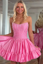 Pink Satin Strapless Ruffled Short Homecoming Dress To Impress