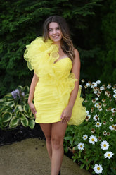 Popular Yellow One Shoulder Tight Short Homecoming Dress To Impress