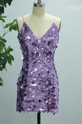 Purple Mermaid Spaghetti Straps Sequin Short V-Neck Homecoming Dress