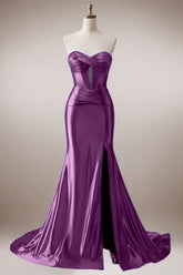 Purple Sparkly Mermaid Sweetheart Corset Long Prom Dress with Slit