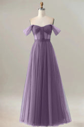 Purple A Line Off The Shoulder Corset Long Prom Dress with Lace-Up Back
