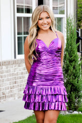 Purple Spaghetti Straps Tight Metallic Tiered Homecoming Dress To Impress
