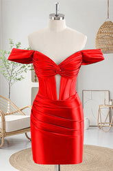 Red Tight Off the Shoulder Corset Satin Homecoming Dress