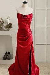 Red A-Line Strapless Long Prom Dress with Slit
