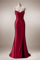 Red Mermaid Corset Spaghetti Straps Long Prom Dress with Slit