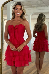 Red A Line Tulle Sweetheart Tiered Homecoming Dress