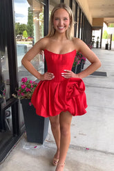 Red Floral Satin Corset A Line Strapless Short Homecoming Dress