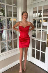 Red Satin Sweetheart Short Corset Homecoming Dress To Impress