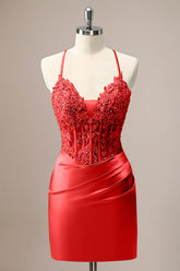 Red Sheath Criss Cross Back Corset Short Homecoming Dress with Appliques