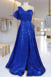 Royal Blue A Line Asymmetrical Neck Ruched Wrap Hem Sequin Prom Dress