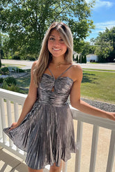 Silver Halter Pleated A Line Metallic Short Homecoming Dress