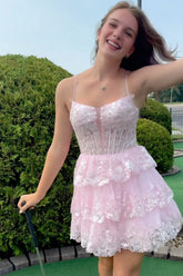 Sparkly A Line Pink Corset Short Homecoming Dress To Impress
