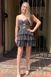 Sparkly Black A Line Tiered Short Homecoming Dress To Impress