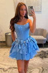 Sparkly Blue A Line Beaded Short Corset Homecoming Dress with Bows