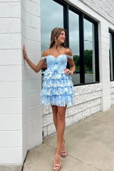 Sparkly Blue Floral Lace Off The Shoulder Ruffled Short Homecoming Dress