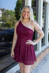 Sparkly Burgundy A Line One Shoulder Sequin Homecoming Dress To Impress