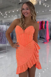 Sparkly Orange Beaded Corset Ruffled Short Homecoming Dress To Impress