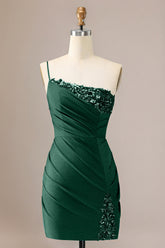 Sparkly Dark Green Bodycon One Shoulder Pleated Short Homecoming Dress with Sequins