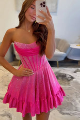 Sparkly Fuchsia Beaded Strapless Short Corset Homecoming Dress
