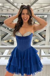 Sparkly Blue Chiffon Corset Tiered Sweetheart Homecoming Dress To Impress