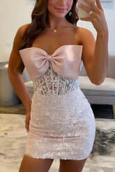 Sparkly Lace Pink Floral Tight Short Corset Homecoming Dress with Bow