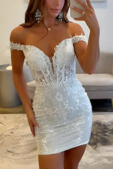 Sparkly Lace White Floral Tight Short Corset Homecoming Dress