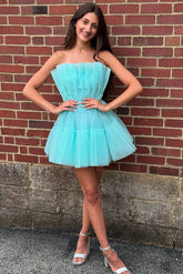 Sparkly Mint Ruched A Line Ruffled Strapless Homecoming Dress To Impress