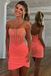 Sparkly Orange Corset Tight Beaded Strapless Homecoming Dress To Impress