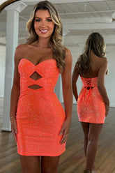 Sparkly Orange Cut Out Tight Beaded Short Homecoming Dress To Impress