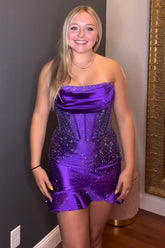 Sparkly Purple Beaded Corset Ruffled Short Tight Homecoming Dress