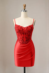 Sparkly Red Glitter Spaghetti Straps Sequins Pleated Corset Homecoming Dress