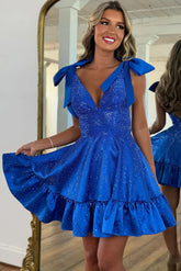 Sparkly Royal Blue A Line Ruffled Short Homecoming Dress
