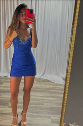 Sparkly Royal Blue Corset V Neck Tight Short Homecoming Dress