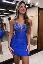 Sparkly Royal Blue Lace-Up Back Sequins Tight Homecoming Dress To Impress
