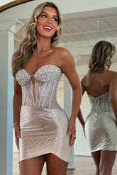 Sparkly Sliver Metallic Beaded Tight Short Homecoming Dress To Impress