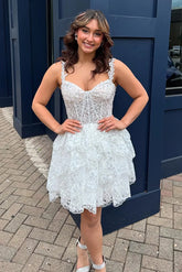 Sparkly White Lace A Line Ruffled Short Corset Homecoming Dress