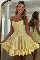 Sparkly Yellow Beaded Strapless Short Corset Homecoming Dress
