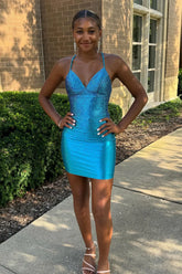 Sparkly Blue Beaded Tight Short Homecoming Dress with Lace-Up Back