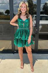 Sparkly Green Metallic A Line Pleated Short Homecoming Dress with Ruffles