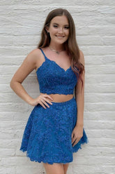 Dark Blue Two-piece Short Homecoming Dress With Sequin
